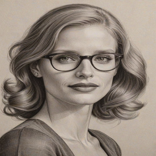 Stunning Jessica Chastain, pencil sketch, portrait of Ravishing woman 1940s in glasses, hair style beatnik, outline, clear lines, fine lines, 8k