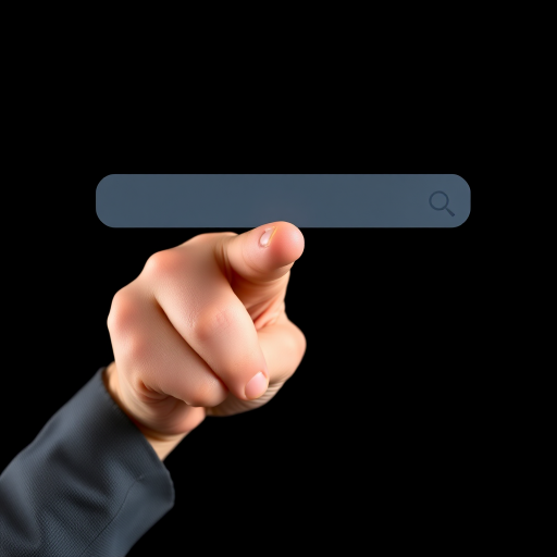 A close-up of a human hand pointing with a transparent search bar overlay on a black background, captured with a DSLR camera at f/2.8, ISO 100, 1/200s, using a 50mm lens in a studio setup for high detail and clarity.