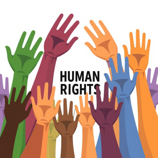 Create an illustration of diverse hands reaching upwards with the phrase "HUMAN RIGHTS" prominently displayed in the center, using vibrant colors like green, blue, orange, and purple, with a clean background for emphasis, captured with a high-resolution digital camera, 50mm lens, f/8 aperture, and soft natural lighting to enhance clarity and detail.