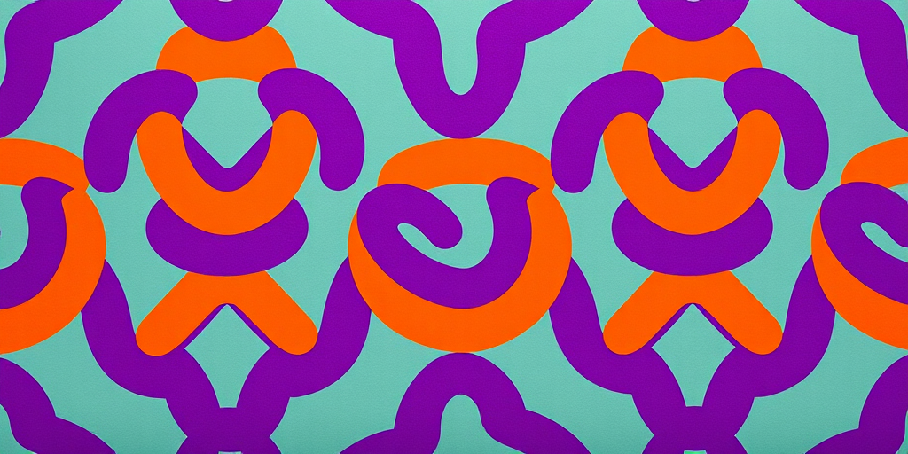 Create a vibrant geometric pattern featuring interlocking S shapes in shades of purple and orange, using a Canon EOS R5 with a 50mm lens, f/2.8 aperture, ISO 100, shot from a top-down view in high-resolution.