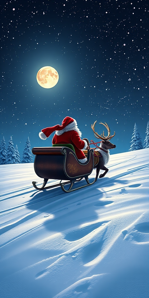 Create a digital illustration of Santa Claus riding a sleigh pulled by a reindeer through a snowy landscape under a starry night sky with a full moon, using a Canon EOS R5 with a 24-70mm f/2.8 lens, aperture set to f/4 for sharpness, and a wide-angle view to capture the snowy scenery in rich colors and high detail.