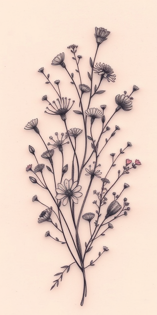 Delicate fine line botanical tattoo called "Whispers of Spring" featuring exquisitely detailed renderings of various wildflowers and herbs intertwining in a loose organic composition hairline-thin strokes capture the delicate nature of each petal and leaf creating a soft ethereal quality that appears almost translucent on the skin