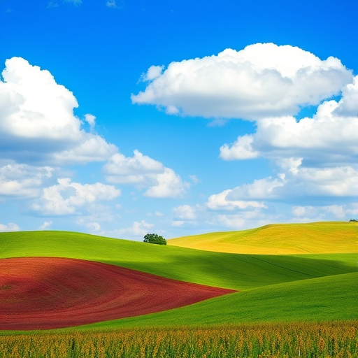 Create a vibrant landscape featuring rolling hills under a clear blue sky with fluffy white clouds, capture with a DSLR camera set to aperture f/8, shutter speed 1/250, ISO 100, using a wide-angle lens for depth and clarity.