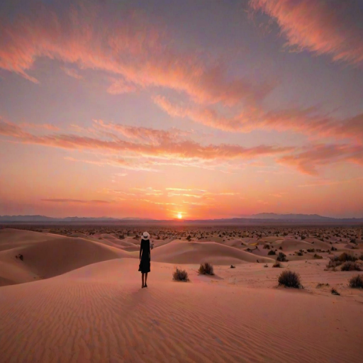 Sunset over a sprawling desert, the sky ablaze with orange and pink hues, a woman in a wide-brimmed hat stands on a sand dune, gazing out over the endless horizon.