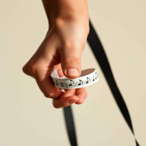 Close-up of a hand holding a white band with black musical notes against a neutral background, shot with a Canon EOS R, 50mm lens, aperture f/2.8, ISO 200, in natural light for enhanced detail and clarity.