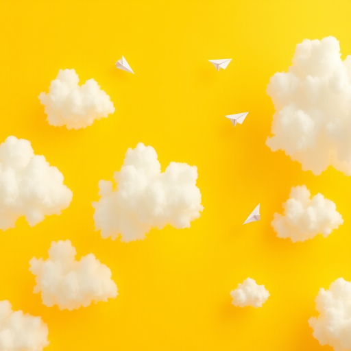 Create a vibrant yellow sky background with soft, fluffy white clouds and small paper airplanes flying, camera settings: f/8, ISO 100, shutter speed 1/125s, camera view: wide angle, camera style: digital illustration, camera type: DSLR.
