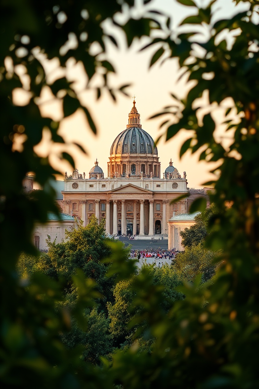 Capture a scenic view of St. Peter's Basilica framed by lush greenery, using a Canon EOS R5 with a 50mm f/1.8 lens, aperture set to f/4, ISO 200, shutter speed 1/200s, natural light during golden hour for enhanced colors and details.