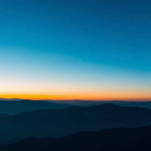 Create a high-resolution digital landscape featuring a gradient sky transitioning from blue to orange, with abstract mountain silhouettes in the foreground, shot with a DSLR camera at f/8 aperture, ISO 200, 24mm focal length, in a low-angle view for enhanced depth and detail.
