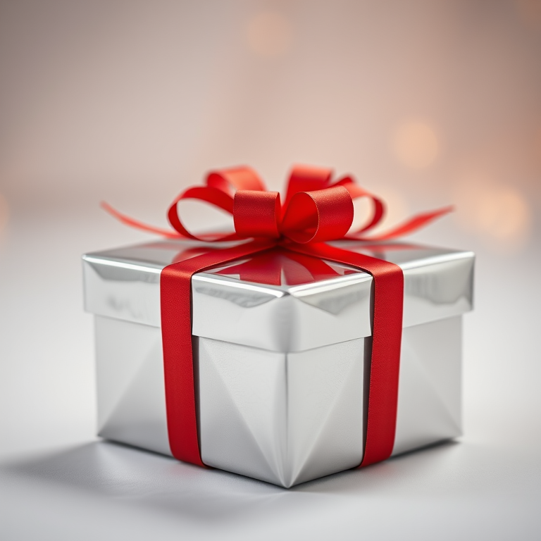 a shiny silver gift box with a red ribbon and bow on top, shot with a Canon EOS R5, 50mm lens, f/2.8 aperture, ISO 100, in a softly lit studio setting with a shallow depth of field to enhance focus on the box