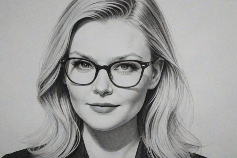 Enchanting Kristen Dunst, pencil sketch, portrait of Wonderful woman 1961s in glasses, hair style beatnik, outline, clear lines, fine lines, 8k