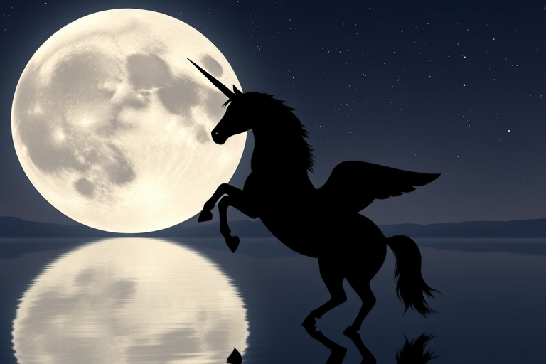 Create a silhouette of a unicorn rearing against a large full moon reflecting on water with a starry night sky in the background, shot with a DSLR camera at f/2.8, ISO 100, 1/125s, using a wide-angle lens for a dramatic perspective.