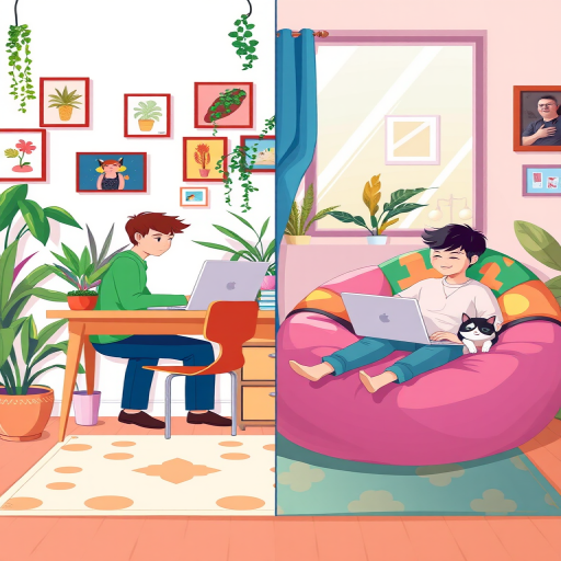 Generate a vibrant illustration of a split scene featuring a person working at a desk with a laptop on one side, surrounded by plants and wall art, and another person lounging in a colorful bean bag with a laptop and a cat on the other side, using a DSLR camera with a 50mm lens, f/2.8 aperture, ISO 200, and natural light for enhanced clarity and color.
