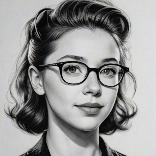 Magnificent Katelyn Nacon, pencil sketch, portrait of Ravishing woman 1939s in glasses, hair style beatnik, outline, clear lines, fine lines, 8k