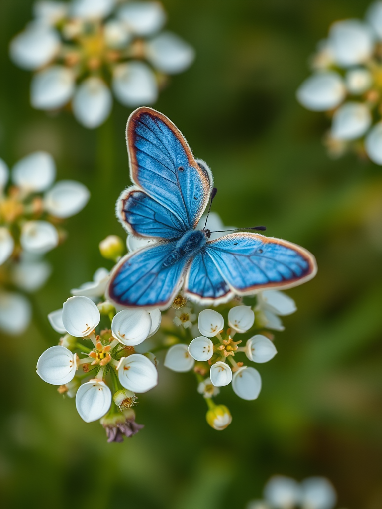 Create a high-resolution image of a blue butterfly perched on delicate white flowers, using a macro lens with an aperture of f/2.8, shutter speed of 1/250s, ISO 100, shot from a symmetrical overhead view in a soft focus style on a digital SLR camera.