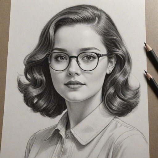 Alluring Madison Davenport, pencil sketch, portrait of Comely woman 1950s in glasses, hair style beatnik, outline, clear lines, fine lines, 8k