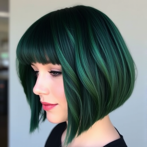 Deep emerald green hair cut into a precision bob with blunt bangs comprises the sophisticated "Evergreen Elegance" style, featuring subtle jade and forest green highlights that add depth and richness to the jewel-toned hue, creating a polished and refined look with a touch of mystique