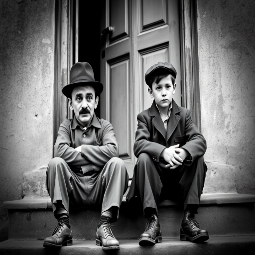 A black-and-white photograph of a man and a child sitting on steps in front of a doorway. The man is dressed as a tramp with a bowler hat, mustache, and ragged clothes, reminiscent of Charlie Chaplin's iconic look. He is sitting with his arms crossed and an expression of slight sadness or frustration. Next to him is a young boy, also in worn clothes and a cap, sitting with his hands clasped, looking thoughtful. The background is an old, textured wall and a partially open door, creating a vintage, early 20th-century atmosphere.