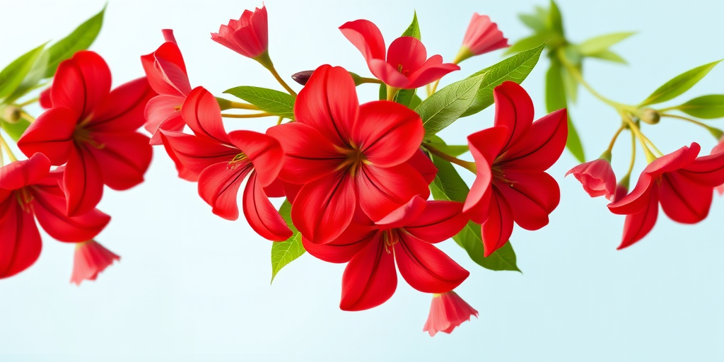 Create a vector illustration of a bouquet of red flowers with green leaves on a light blue background, using a high-resolution digital camera at f/2.8 aperture, 35mm lens, ISO 100, with a soft-focus effect to enhance colors and details.