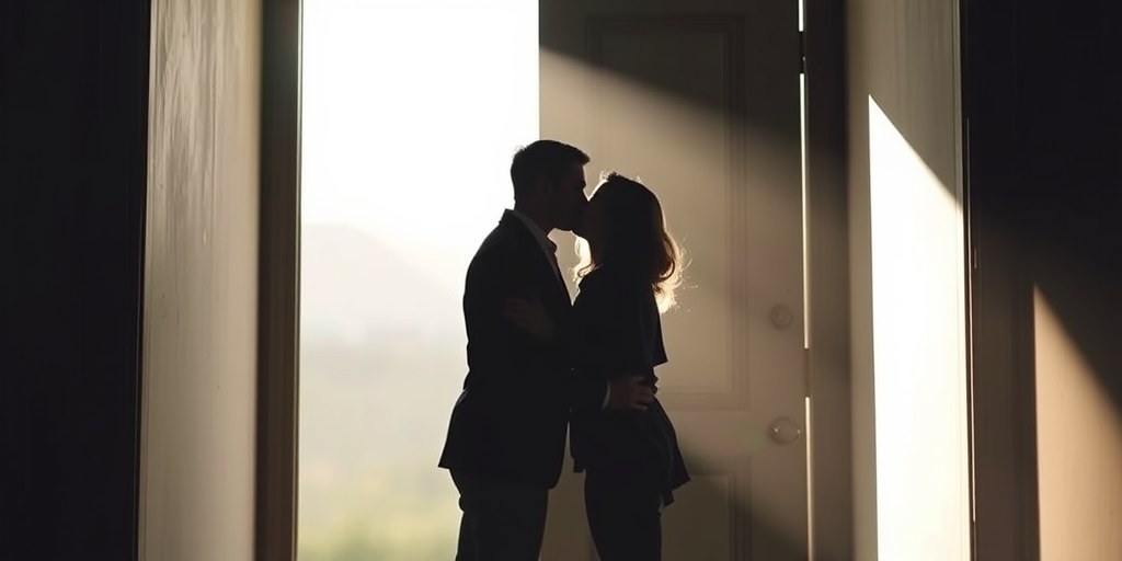silhouette of a couple kissing in a doorway with soft light coming through, aperture f/2.8, ISO 100, shutter speed 1/200s, 50mm lens, portrait mode, DSLR camera