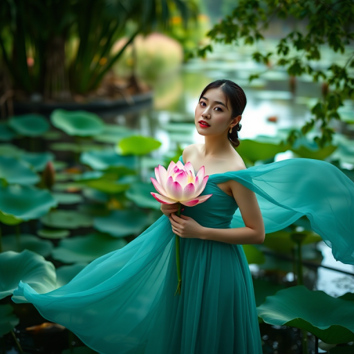 Capture a serene portrait of a woman in a flowing teal dress holding a lotus flower, surrounded by lush greenery and water reflections, shot with a Canon EOS R5, 85mm f/1.2 lens, aperture f/2.8, ISO 100, soft natural lighting.