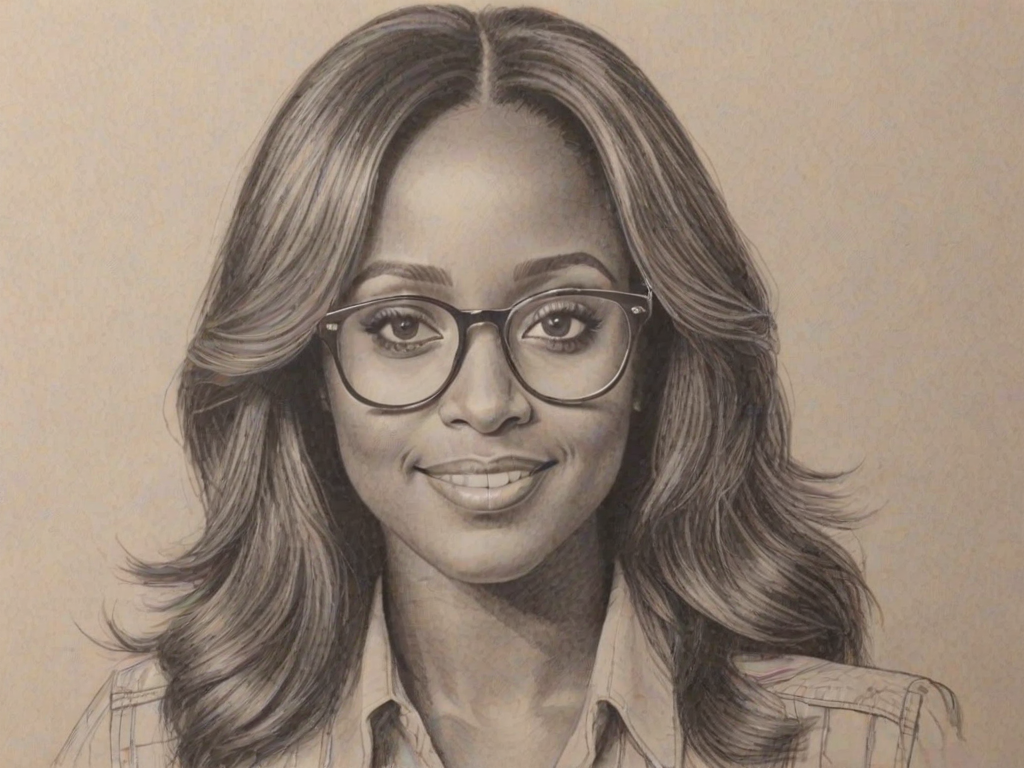 Charming Keshia Knight Pulliam, pencil sketch, portrait of Pleasing woman 1978s in glasses, hair style beatnik, outline, clear lines, fine lines, 8k