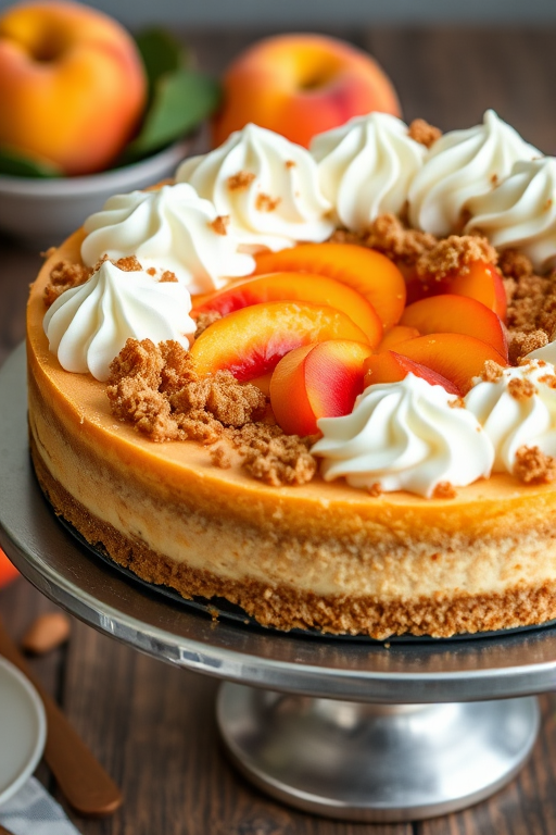A delicious cheesecake with a golden graham cracker crust topped with whipped cream and a crumbly topping featuring peach slices inside, displayed on a silver cake stand with fresh peaches in the background.