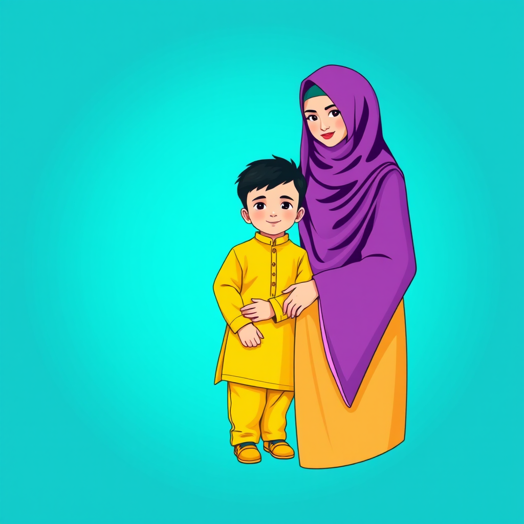 Create a high-quality vector illustration of a family consisting of a mother wearing a hijab in purple, a father in traditional white attire, and a young boy in a yellow outfit, set against a vibrant turquoise background, using a digital art style with sharp lines and vivid colors. Use a 50mm lens, aperture f/8 for clarity, and a soft-focus background effect.