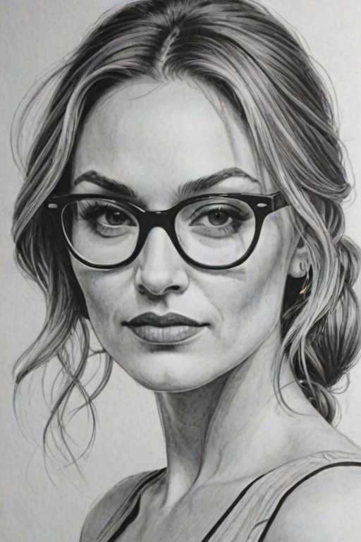 Fetching Drea de Matteo, pencil sketch, portrait of Appealing woman 1954s in glasses, hair style beatnik, outline, clear lines, fine lines, 8k