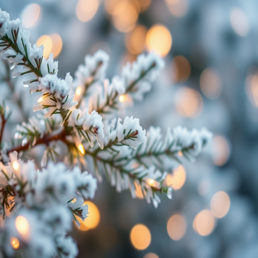 Create a serene winter scene featuring a close-up of soft, frosted evergreen branches adorned with delicate, twinkling lights. The background should be a dreamy blur of soft, glowing bokeh in cool tones, evoking a peaceful holiday atmosphere.