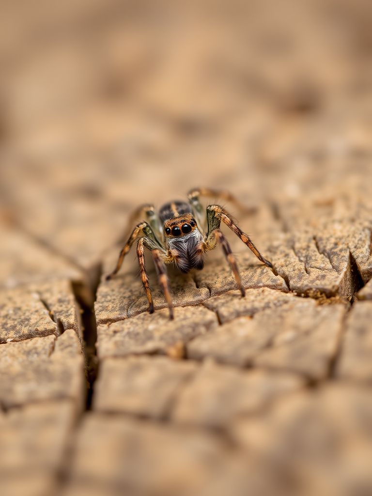 macro photograph of a small spider on a textured wooden surface, shallow depth of field, natural lighting, f/2.8 aperture, 100mm lens, ISO 200, 1/250s shutter speed, taken with a DSLR camera.
