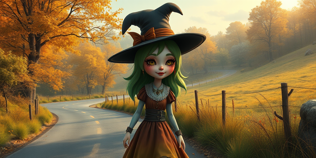 digital art fantasy depicting a strange girl with green hair, long eyelashes, brown lipstick and a tall hat walking along a winding road on an autumn afternoon, an Vaquita smiles as she passes