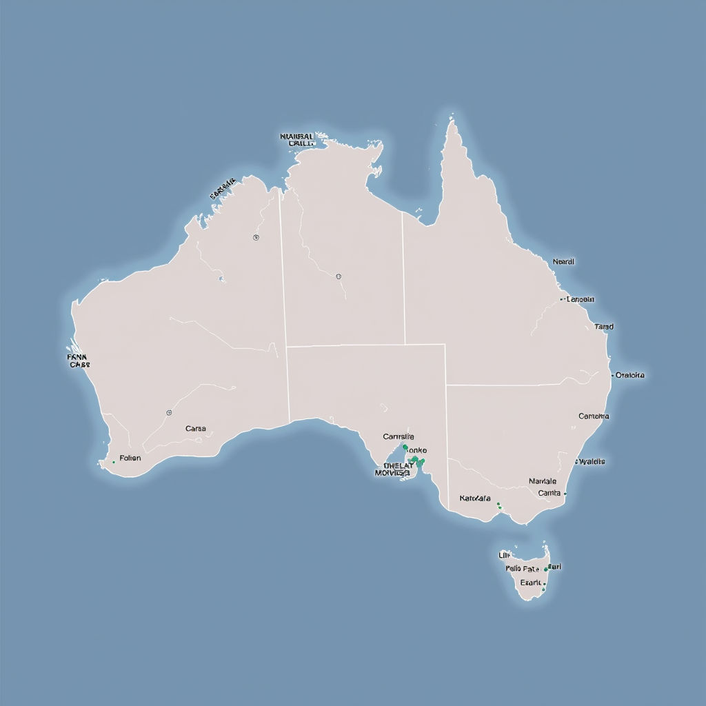 Create a high-quality vector map of Australia showing its states and territories with clear boundary lines, using a top-down view, in a digital illustration style, with a resolution of 300 DPI for print quality.