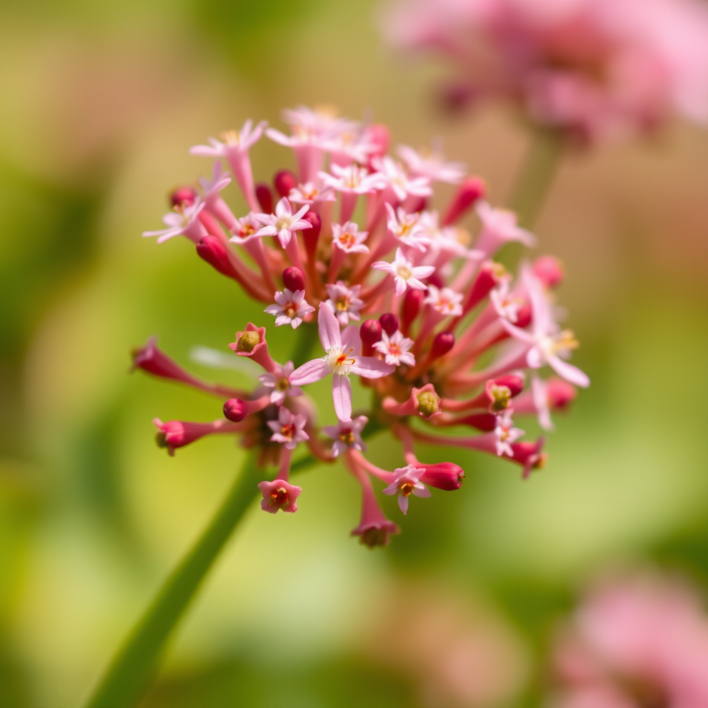 Close-up of delicate pink flowers on a green blurred background, aperture f/2.8, shutter speed 1/250s, ISO 100, using a macro lens, Canon DSLR, natural light.