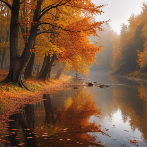 Tranquil Autumn Scene with Golden Leaves Reflecting on Calm River