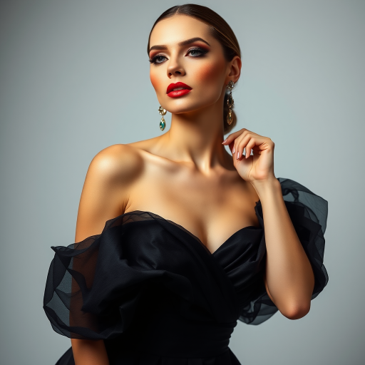 Studio portrait, female model, elegant couture dress, bold makeup, dramatic lighting, Shoot over the shoulder using a telephoto lens to focus on small details like jewelry, makeup, or fabric textures