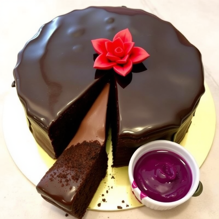 Chocolate cake with a glossy ganache topping and decorative red flower-shaped icing on top, one slice cut and placed beside a small bowl of purple filling, set on a light-colored surface.