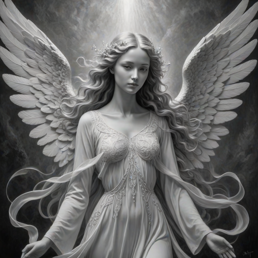 An angel, crafted in the unique style of Folk Art, as she unfolds herself against an ethereal backdrop, her wings softly billowing, face radiating a heavenly glow, every curl in her strikingly serene countenance finely brushed, monochrome, detailed techniques, ultra fine, breathtaking surreal masterpiece