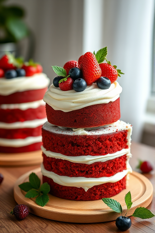 Create an image of two elegant red velvet cakes stacked with layers of cream cheese frosting and topped with fresh strawberries blueberries and green leaves on a wooden surface in a softly lit setting.