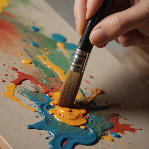 Sharp, close-up image of an artist's brush carefully applying paint to a canvas, tiny details of the brushstrokes visible, with vibrant colors blending together under soft studio lighting.