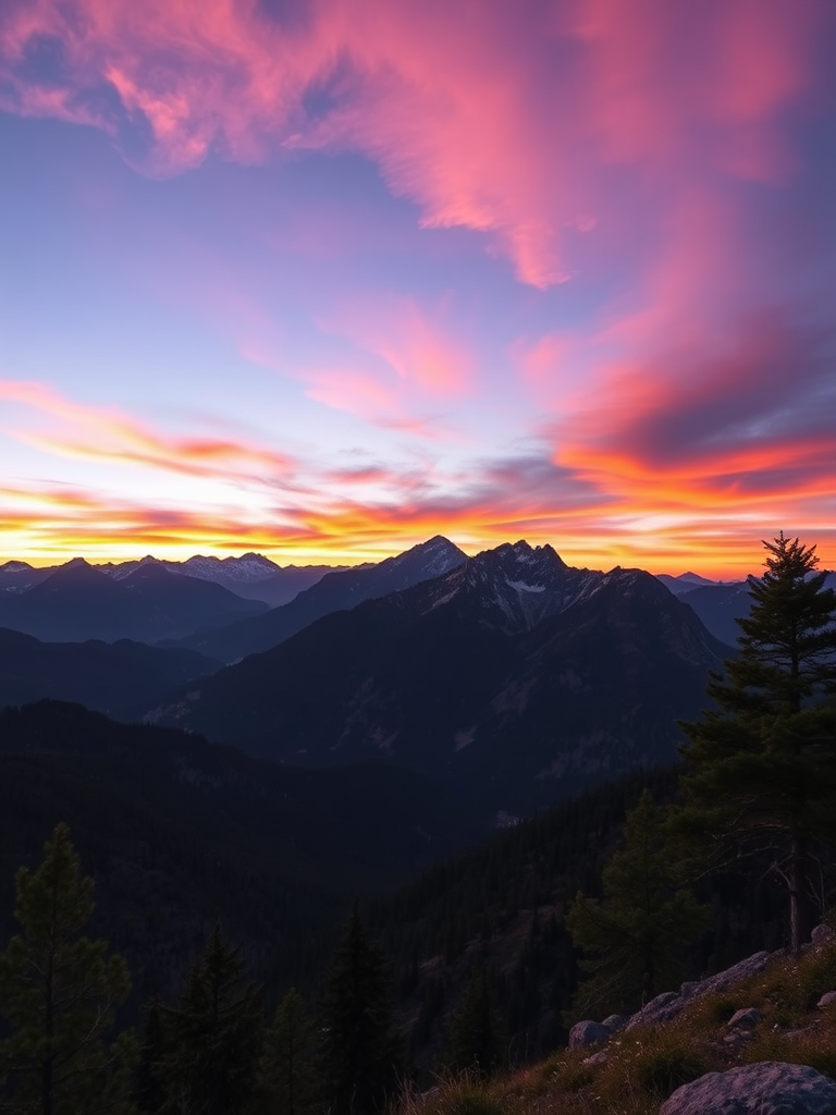 Create a high-resolution image of a sunrise over a mountain range with vibrant colors, using a DSLR camera at f/8 aperture, ISO 100, 24mm focal length, and a wide-angle view.