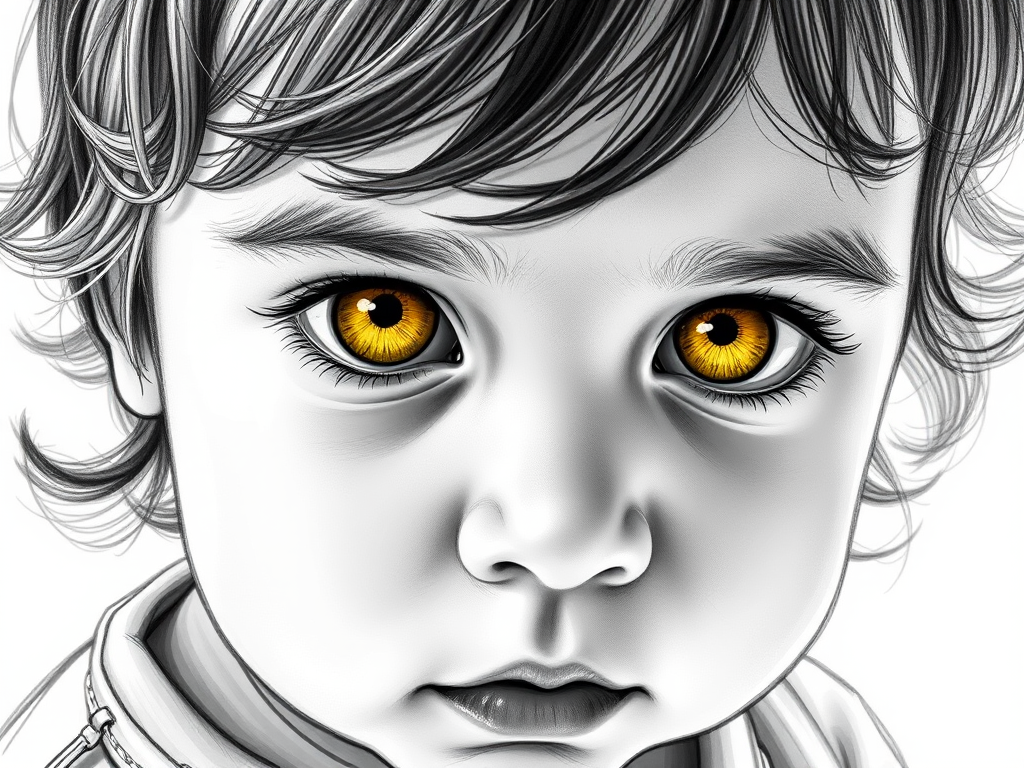 A hyperdetailed photorealistic black and white sketch of a beautiful toddler with deep Yellow eyes, with a macro focus