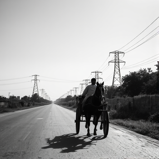A monochrome street scene capturing a man riding a horse-drawn cart along a road, with distant power lines and trees under a clear sky, shot with a Canon EOS R5, 50mm lens, f/2.8 aperture, ISO 100, and a shutter speed of 1/500s for sharp details and high contrast.