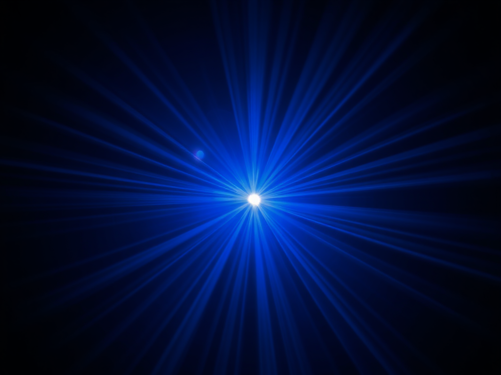 Create an abstract image of a bright blue light source radiating beams in a dark space with a high dynamic range, using a Canon EOS R5, 24mm lens, aperture f/8, ISO 200, and 1/100 sec exposure time for enhanced clarity and detail.
