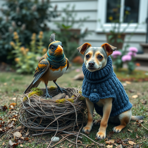 An image of a surreal, whimsical bird, a moss birds nest, sitting nearby is a dog, slightly smiling with a blueberry bobble stitch sweater, muted colors, natural textures, garden at back of house.