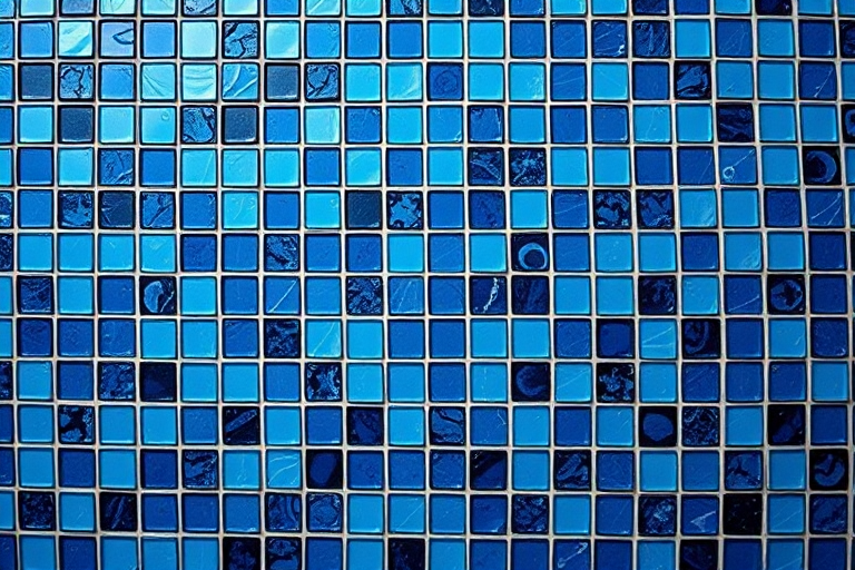 Generate a high-resolution image of a blue mosaic pattern with varied shades of blue and black tiles, captured in a macro view using a DSLR camera at f/2.8, ISO 100, shutter speed 1/125s.