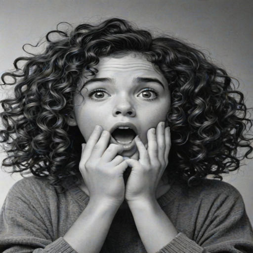 The image is a black and white illustration of a young girl with curly hair. She has a surprised expression on her face with her mouth open and her hands clasped together in front of her chest. Her eyes are wide and her eyebrows are furrowed. Her hair is styled in loose curls that are cascading down her back. The overall mood of the image is one of shock or surprise.
