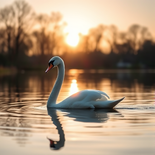 capture a serene swan gliding on a reflective pond at dawn with soft natural lighting, use a Canon EOS 5D Mark IV with a 70-200mm f/2.8 lens, aperture set to f/4 for a shallow depth of field, shutter speed at 1/250 sec to freeze motion, ISO 400 for clarity, focus on the swan while slightly blurring the background for emphasis