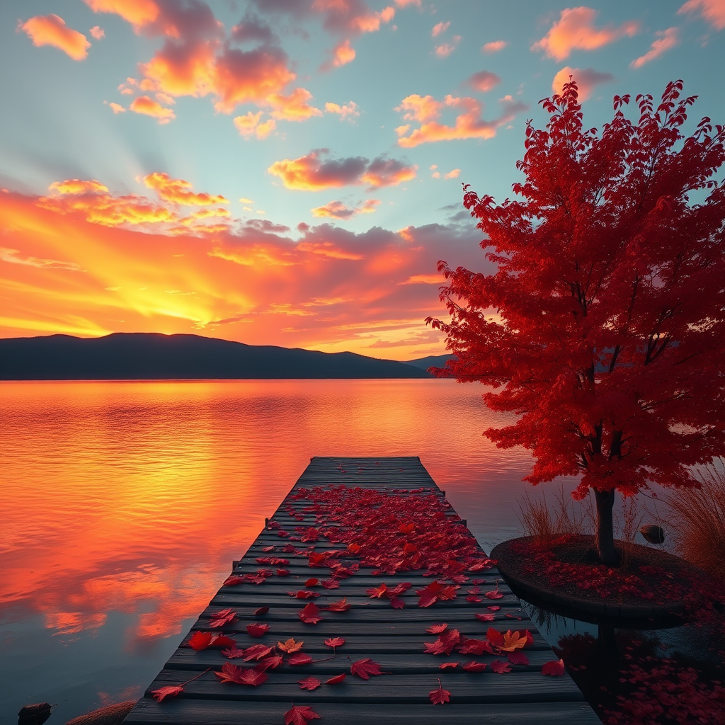 Create an image featuring a wooden dock extending into a serene lake at sunset. The sky is filled with dramatic orange, pink, and golden clouds as the sun sets behind distant hills, casting a beautiful reflection on the calm waters of the lake. The dock is strewn with vibrant red autumn leaves, and a strikingly red tree stands to the right, its leaves also glowing in the sunset light. The overall mood of the image is peaceful and warm, with the contrast between the fiery sky and calm waters enhancing the beauty of the scene.