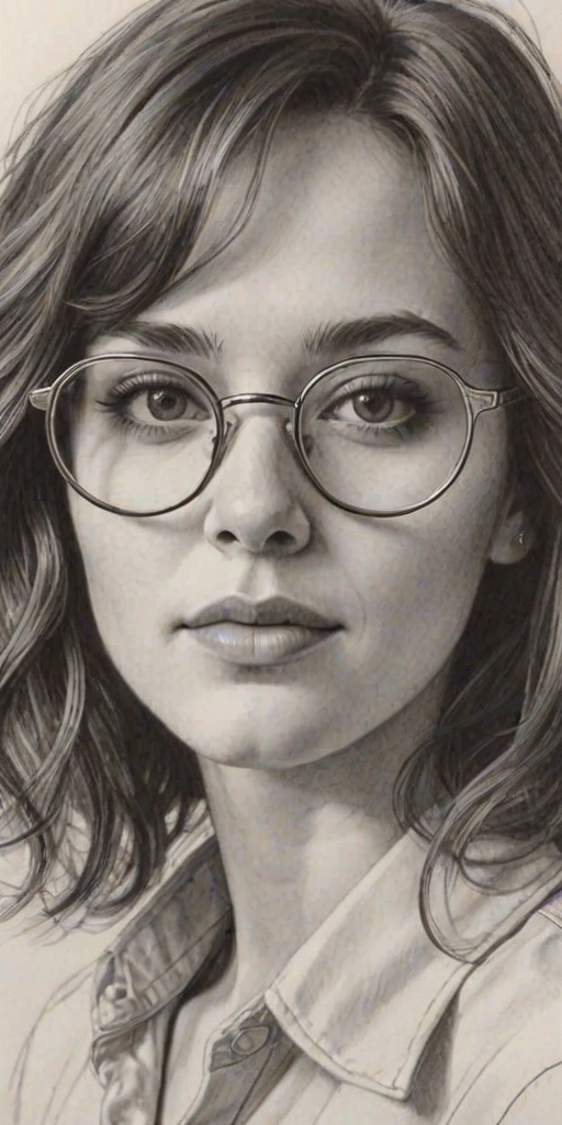 Resplendent Elliot Page, pencil sketch, portrait of Stunning woman 1975s in glasses, hair style beatnik, outline, clear lines, fine lines, 8k