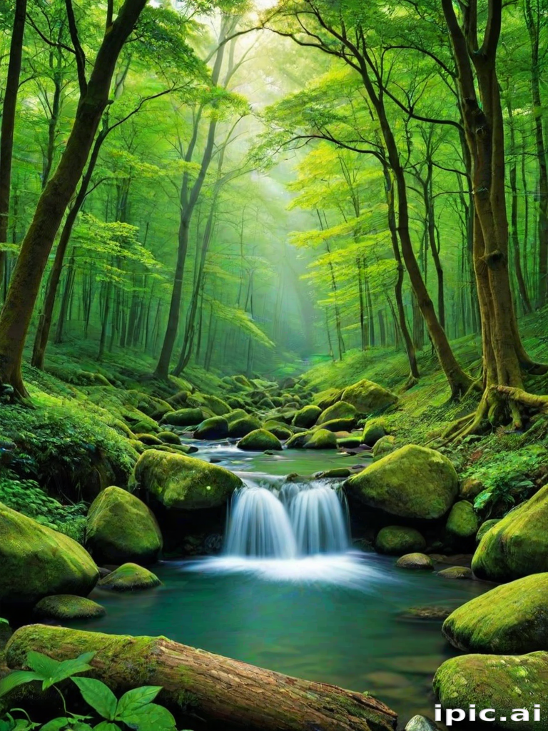 Serene Forest Landscape with a Gentle Stream Flowing Through Lush Greenery